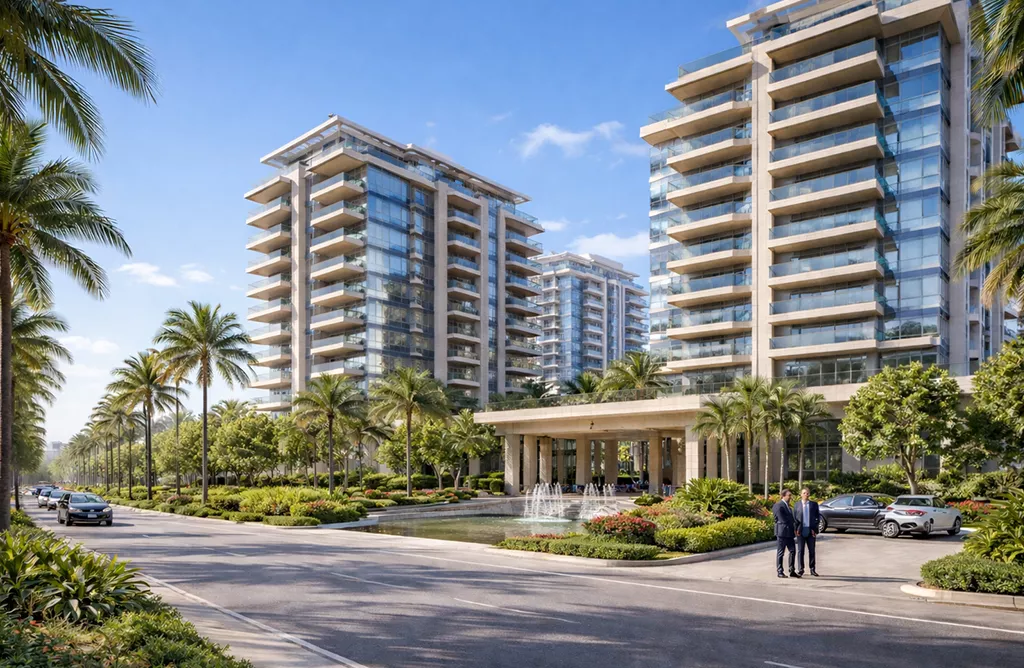 Luxury Vizag Apartment Complex with Landscaped Gardens and Fountain Driveway in Siripuram